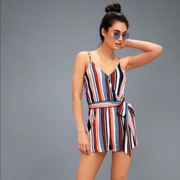 Lulus Other - ANGELENE BLUE AND ORANGE STRIPED SLEEVELESS ROMPER